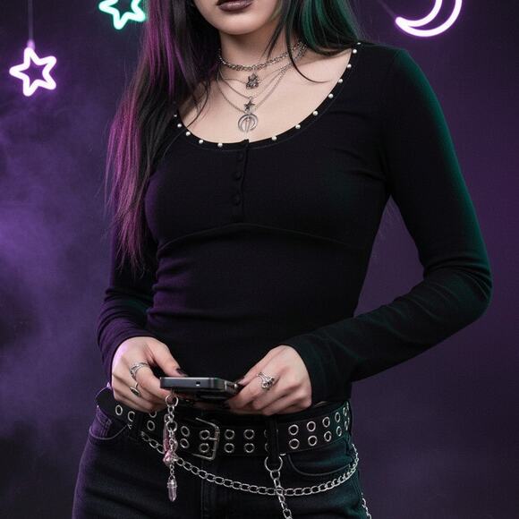 VTG Moda International Top Womens S Henley Babydoll Y2K Whimsigoth Fairy Grunge - Picture 1 of 6